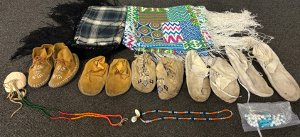 (2) Vintage Fringe Blankets, (5) Moccasin Shoes, And Necklaces