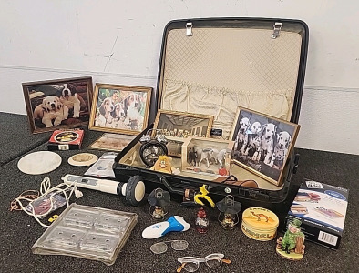 Medium Samsonite Hard Suitcase.. Various Dog Pictures.. Elvis Alarm Clock.. Massaging Wand.. and More