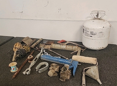 Refrigerant 50lb Tank... 2 Large Caulking Guns.. 2 Single Barrel Carburetors... and More..