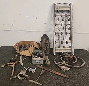 Hydraulic Jack Heavy Duty... partial Box of Nails.. 4 Small Pullies.. and More..