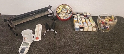 Vintage Metal Newspaper Log Roller.. Clothing Buttons Various Colored Sewing Thread... and More...