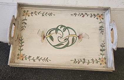 Wooden Floral Farmhouse Bar Tray.. Metal Candle Tray..