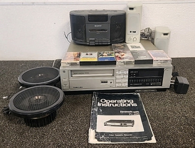 Panasonic OmniVision Video Cassette Recorder... Sony Cassette Raidio Alarm Clock.. 8 Various Cassette tapes .... 2 MLI Computer Speakers... 2 HiTech 6.5" Car Speakers..