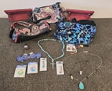 2 Stylish Purse's... 2 Small Shelves... a Beach Bag.. Turquoise Jewelry...