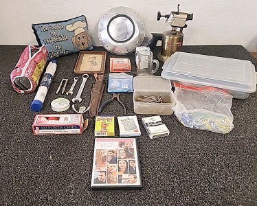 Vintage Craftsman Torch... American Motors Hubcap... Small Pillow... Poker Chips .. Fish fileting knife... and Much More..