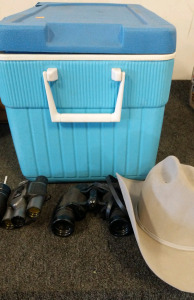 Binoculars, Cooler, Safari Hat, & Small Cast Iron Pans