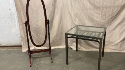 Standing Mirror, Glass Top Metal Table