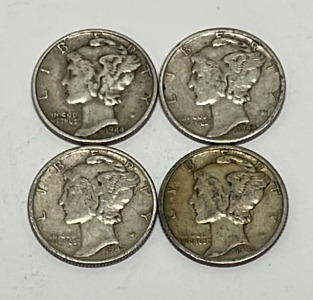 (4) 90% Silver Mercury Dimes Dated 1941, 1942, 1944