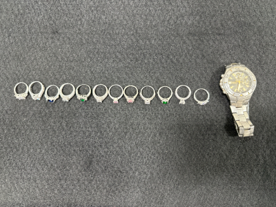 (12) Various Faux Diamond and Other Gemstone Rings, (1) Elgin Sportsman Stainless Steel Mens Wristwatch