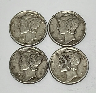 (4) 90% Silver Mercury Dimes Dated 1939, 1942, 1943, 1944