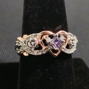 Size 8.5 Shining White Rose Princess Diamond Ring X Ring Cubic Zirconia Promise Rings CZ Heart-Shaped Rose Gold Two-Tone Zircon Ring Engagement Wedding Band Ring for Women