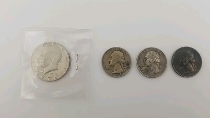 (1) Half Dollar Coin, (3) Old Quarters
