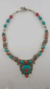 Large Turquoise + Red Coral Necklace