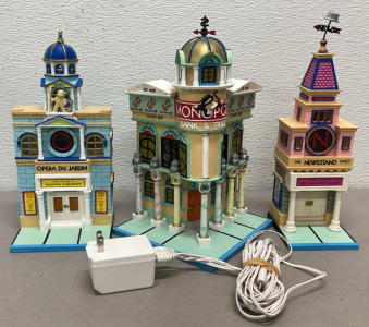 (1) Monopoly Department 56 Village Resin Buildings &ldquo;Monopoly Bank And Trust&rdquo;, &ldquo;Newsstand Daily&rdquo;, Opera Du Jardin&rdquo; W/ Plug