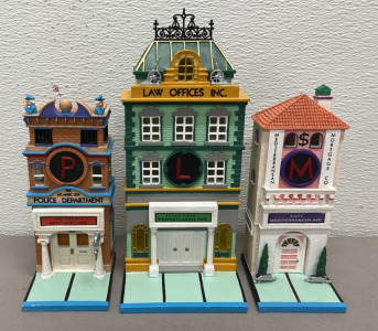 (3) Monopoly Department 56 Village Light Up Resin Buildings &ldquo;Law Offices Inc&rdquo;, &ldquo;Police Department &ldquo;, &ldquo;Mediterranean Mortgage Co.&rdquo; W/ Plug
