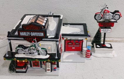 (2) Harley-Davidson Snow Village Collectibles - Motorcycle Shop & Sign