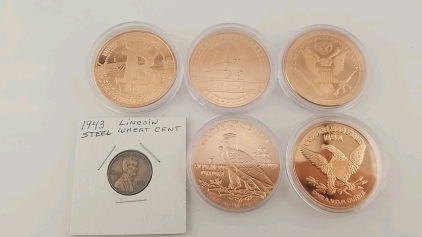 (5) Different Face 1oz Copper Rounds/Coins w/ (1) 1943 Lincoln Steel Wheat Cent