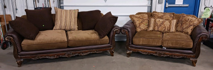 (2) Elegant Brown Sofa & Loveseat Set - w/ (9) Decorative Pillows
