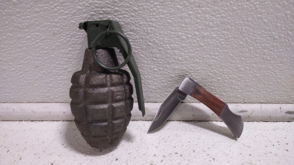 (1) Small Wood Handle Lockback Folding Blade Pocket Knife 5 1/8" overall w/ 2" blade & (1) WWII Mk 2 Grenade Replica