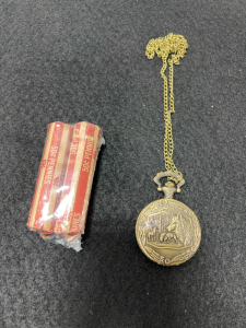 (2) Wheat Backed Penny Roll, 50 Coins Per Roll (1) Vintage Lucerene Pocket Watch With A Gold Tone And Wolf Themed Design On Cover