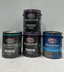 (4) 1 Gallon Glidden Paint Cans - Various Colors Including: Semi-Gloss Pure White, (2) Eggshell Pure White, Satin Base 2