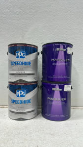 (4) 1 Gallon PPG Speedhide and Behr Marquee Paint Cans - Various Colors Including: (2) Ultra Flat White & Pastel Base, (2) Medium Base Interior Eggshell Enamel