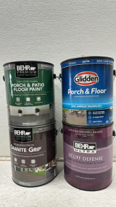 (4) 1 Gallon Glidden and Behr Premium/Ultra Paint Cans - Various Colors Including: Slate Grey Porch and Patio, Gray Granite Grip, Ultra Pure White Scuff Defense, Satin Base 2