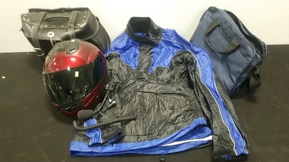 SY-MAX DOT Red Motorcycle Helmet w/ Microphone, Biking Outer-Wear, Biker Saddle Bag