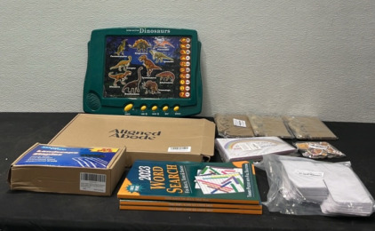 (1) Aligned Abode Calendar (Unopened) (1) Set of Landscape Staples (3) Word Search Books (1) Bag of Small Boxes (3) Bags of Tags (1) Bag of invitation Cards & More