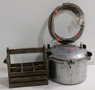 (4) Rustic Kitchen Essentials - (1) Storage Tote (1) Wooden Bottle Caddy (1) All-American Pressure Cooker (1) Lasso Rope