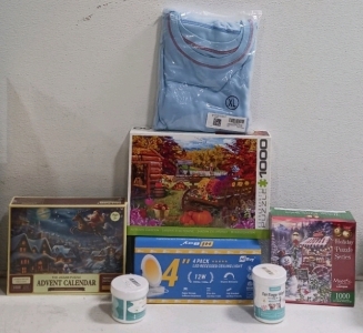(15+) Amazon Overstock Box - (3) Puzzles (1) LED Light Pack (1) Thermal Shirt (2) Ear Wipes & More!!