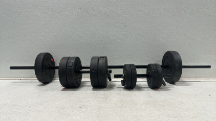 (1) Black Barbell, (2) Black Dumbells, (2) 10 lb. Plates, (4) 7.5 lb. Plates, (4) 2.5 lb. Plates