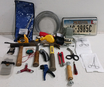 (25) Mixed Tools & Accessories - (1) Tape Measure (1) Utility Knife (1) Hammer (1) Pliers (1) Wire Cutter (1) Screwdriver (1) Level (1) Roll of Wire (1) License Plate (1) Medical Scissors (1) Putty Knife (1) Clamp (1) Wrench (1) Hand Drill (1) Multi-Tool 