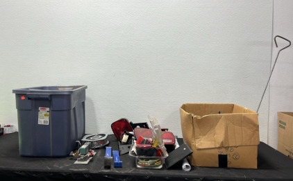 (1) Box of Assorted Tools, Electronic Components, Tail Lights, Etc. (1) Box of Metal Pieces