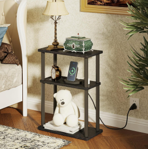 (1) Small Side Table with Charging Station, Narrow End Table, Skinny Nightstand with USB Ports and Outlets, 3 Tier Bedside Table for Small Spaces, Living Room Furniture, Bedroom