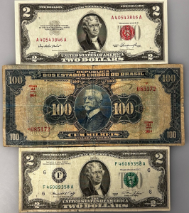 Vintage 2 Dollar Bill, Red Seal 2 Dollar Bill, and Brazilian Bill