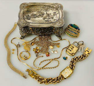 Silver Toned Jewelry Box With Earrings, Necklaces, Watch and More