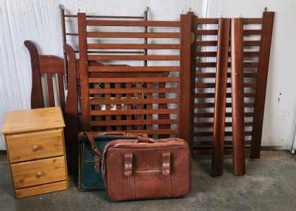Wooden Crib (2) Drawer Wooden Night Stand, Leather Suitcase & Leather Art Bag