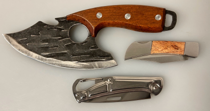(2) Folding Pocket Knives and 5" Wood Handled Boning Knife