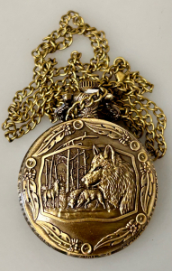 Brass Toned Pocket Watch "Wolf In The Forest"