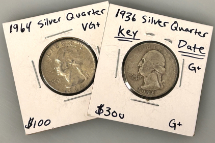(2) Vintage Silver Quarters: 1936 and 1964