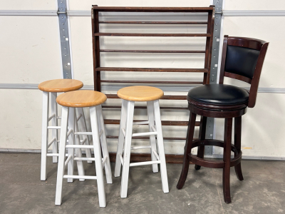 Wood Dish Shelf, (3) White BarStools, and (1) Mahogany Swivel Barstool