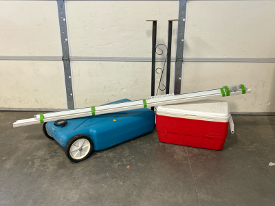 22 Gallon Portable Water Tank, Vertical Blinds, Mailbox Stand, and Red Cooler