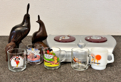 Collectible Glass Mugs, Homedics Foot Massager and Wood Carved Bird Statues