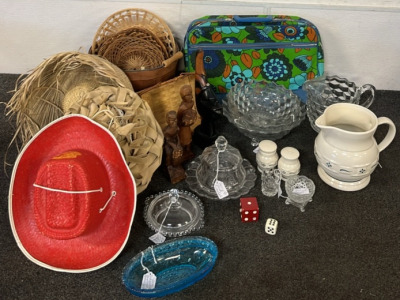 Vintage Items Including Glassware, Hats, Baskets, Wooden Decor, Floral Bag