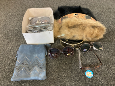 (2) Dakota Dan Faux Fur Hats, Blue Purse, & Various Sunglasses