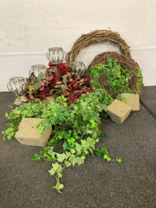 (3) Wooden Wreaths, (2) Floral Candle Holders, & (3) Sets of Vines