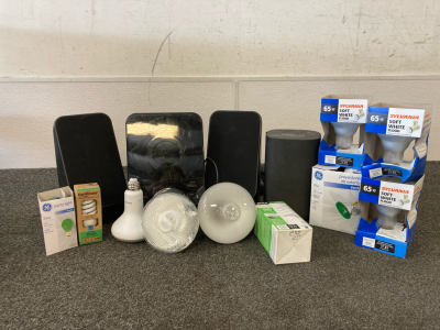 Various Lightbulbs, Roku Speaker, & Onn Speaker Set