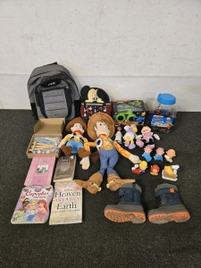 (2) Kids Backpacks, (2) Woody Plushies, Peanuts Toys, Rc Car, Toy Dinosaurs, & More