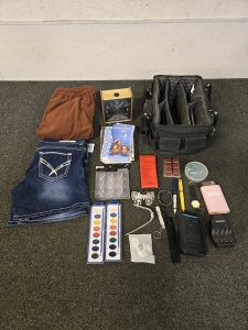 Mid Century Electric Clock w Ceiling Display, Size 29 Jean Shorts, Size 32 Corduroy Pants, Stack Of Christmas Cards, & More